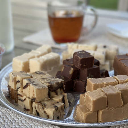 Photo of a tray of fudge, a tea and jujubes