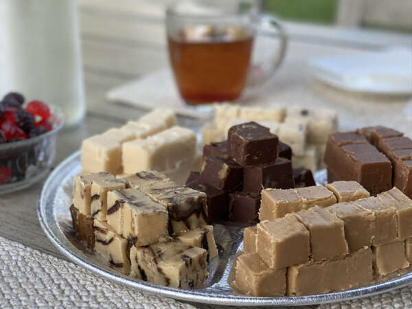 Photo of a tray of fudge, a tea and jujubes