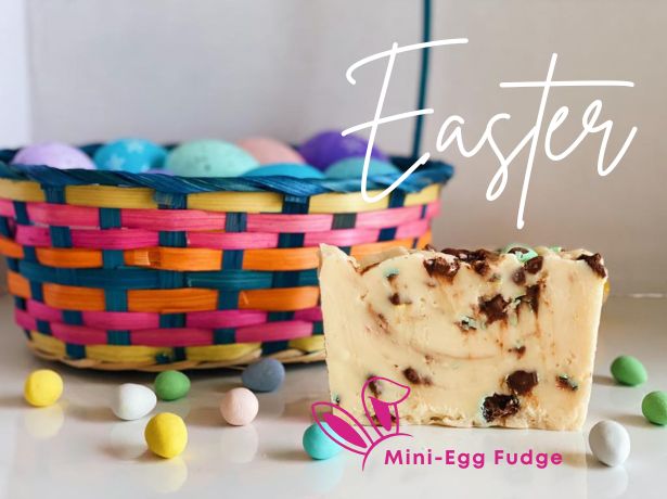Basket of eggs and picture of easter mini-egg fudge