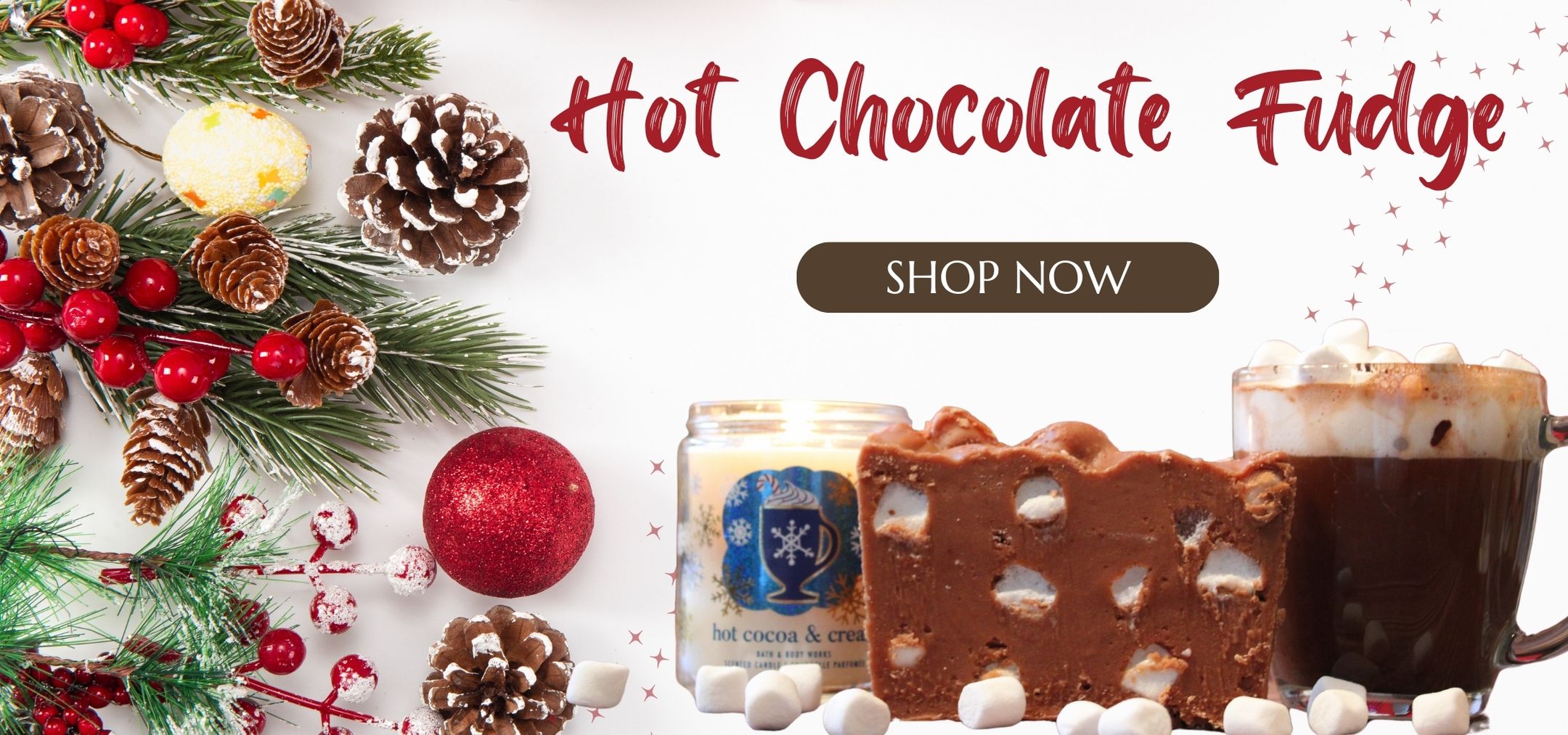 Banner with hot chocolate fudge with marshmellows and christmas decor